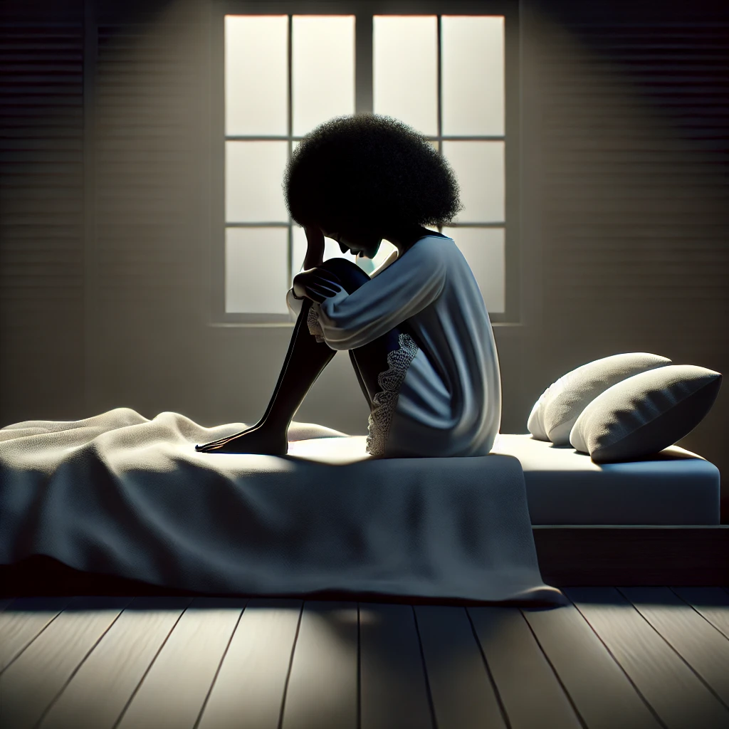 DALL·E 2025 02 12 10.28.35 An animated image of a Black woman sitting on an unmade bed in a dark room holding her head down and crying due to depression. Her face is clearly vi