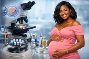 Pregnant Black woman smiling while standing beside IVF laboratory equipment including microscope, test tubes and embryo culture dish.