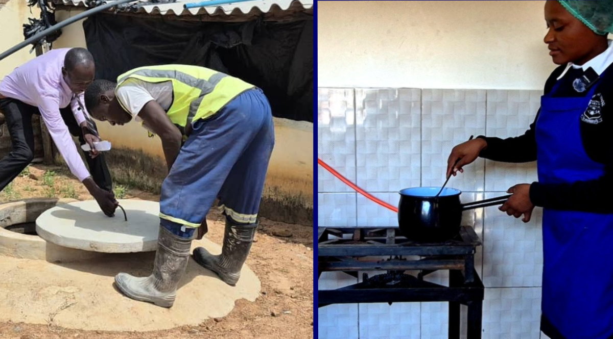 Split image showing students opening a biogas digester dome on one side and a girl cooking with biogas in a kitchen on the other side at Chifamba High School in Guruve.