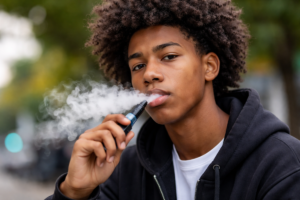 Young Black teen with afro hair vaping outdoors, wearing a black hoodie and white T-shirt, exhaling vapor from an e-cigarette.