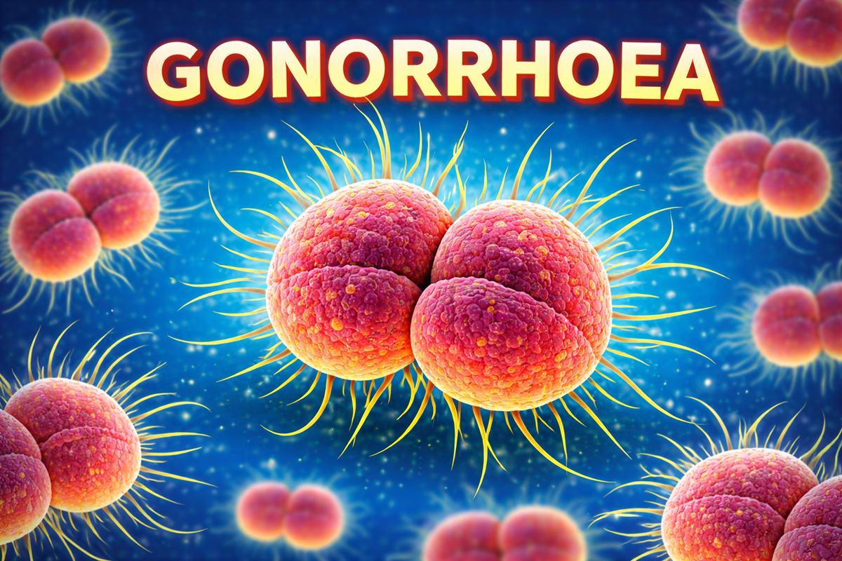 Illustration of Neisseria gonorrhoeae bacteria showing paired round cells with hair-like projections on a blue background