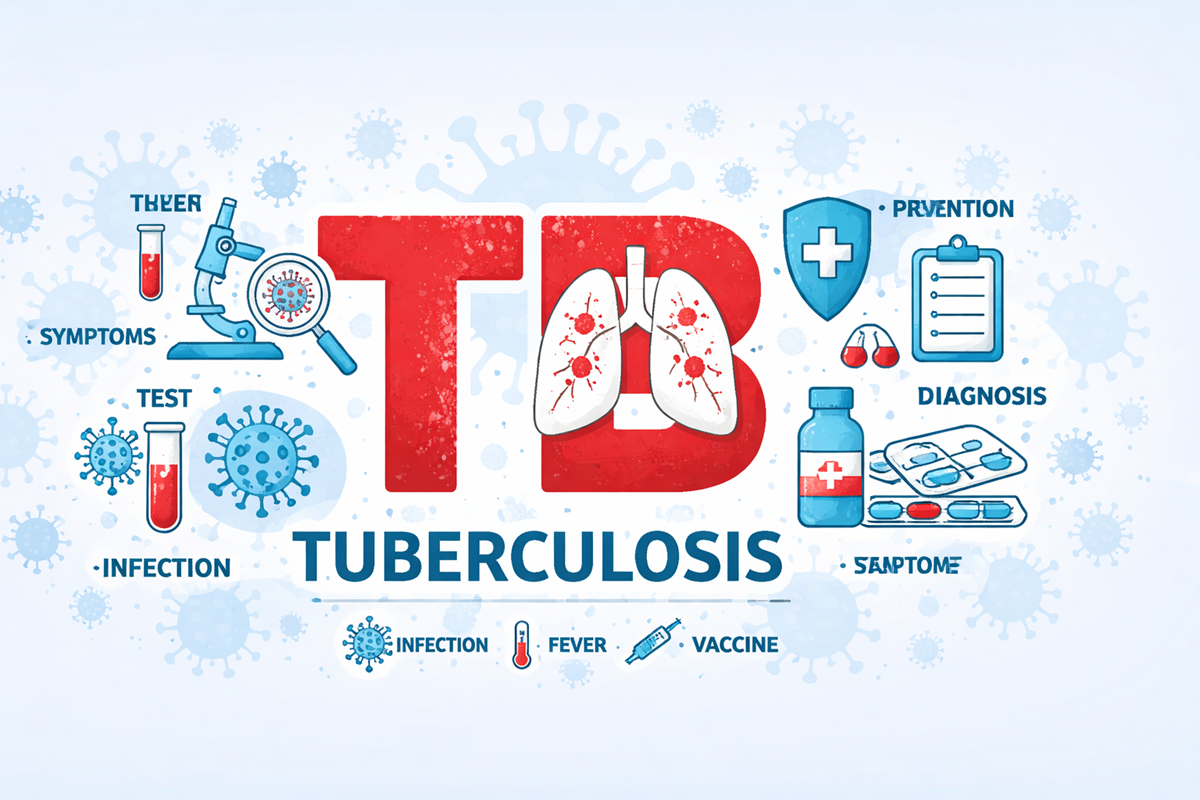 Infographic illustrating tuberculosis (TB) awareness, featuring large red "TB" letters with a white lung graphic, surrounded by icons representing symptoms, testing, infection, prevention, diagnosis, and treatment, on a light blue background.