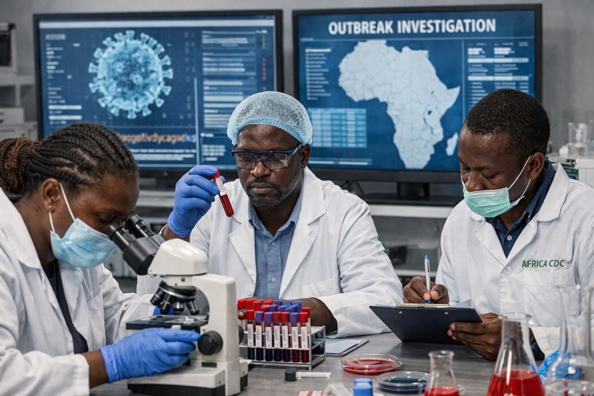African scientists in a modern laboratory investigating an outbreak, examining blood samples and test tubes while reviewing digital virus data on screens, representing ongoing disease investigation in Burundi with no confirmed cause yet.