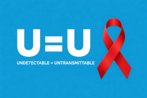 U equals U HIV awareness graphic with red ribbon on blue background symbolising undetectable equals untransmittable