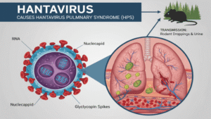 Illustration of hantavirus spread and rodent transmission linked to Zimbabwe monitoring health workers after international exposure.