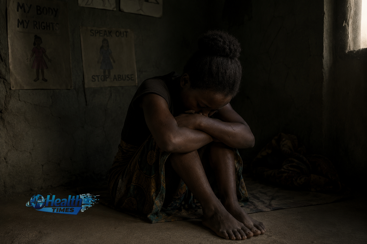 Illustration of a young girl sitting alone in darkness symbolizing depression, trauma, anxiety, and mental health struggles linked to sexual violence and forced pregnancy.