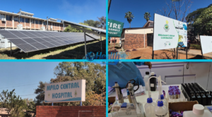 Mpilo Central Hospital HIV laboratory solarisation showing rooftop solar panels, laboratory signage, viral load sample processing, and diagnostic equipment in a single collage image