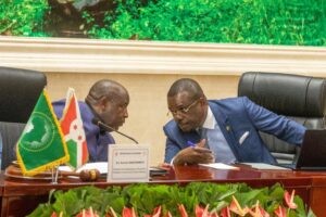 Africa CDC Director-General Dr Jean Kaseya speaks with Burundi President and African Union Chairperson Évariste Ndayishimiye during a high-level emergency meeting on the Ebola Bundibugyo response