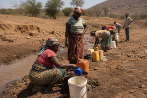 Women in rural Zimbabwe collecting water from a shallow stream in a drought-affected landscape, highlighting the impact of climate change on community health and livelihoods.