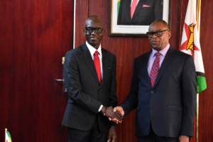 Minister of Health Dr Douglas Mombeshora and WHO Regional Director for Africa Dr Mohamed Yakub Janabi during a meeting in Harare after Zimbabwe attained WHO medicines regulation Maturity Level 4.
