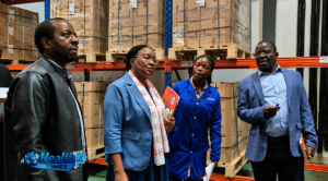 UNFPA Regional Director Lydia Zigomo touring NatPharm's warehouse in Harare to assess Zimbabwe's family planning and reproductive health commodity supply systems.