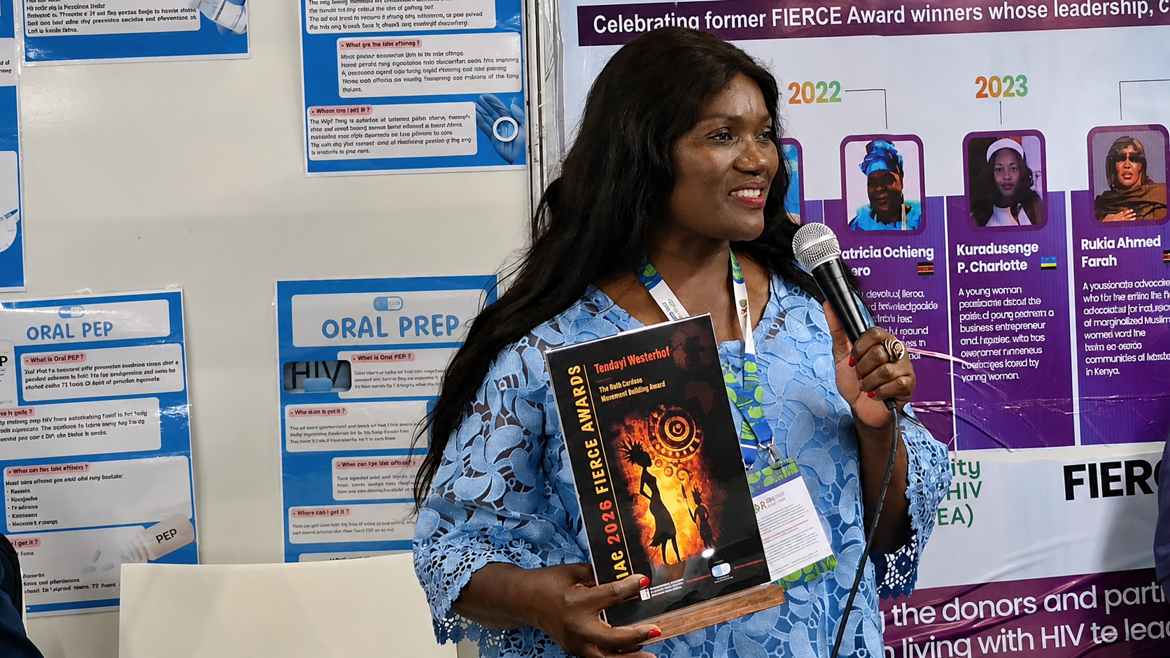 Zimbabwean HIV advocate Tendayi Westerhof receives the Ruth Cardoso Movement Building Award at the IAS 2026 Conference in Rio de Janeiro.
