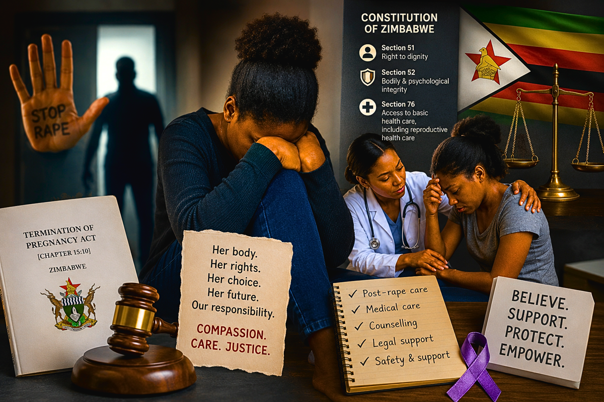 Editorial illustration depicting a rape survivor supported by a healthcare worker alongside symbols of Zimbabwean law, constitutional rights and compassionate medical care following sexual violence.