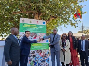 Deputy Health Minister Sleiman Kwidini with UNICEF and Chinese officials at the launch of a drought response programme in Goromonzi, Zimbabwe