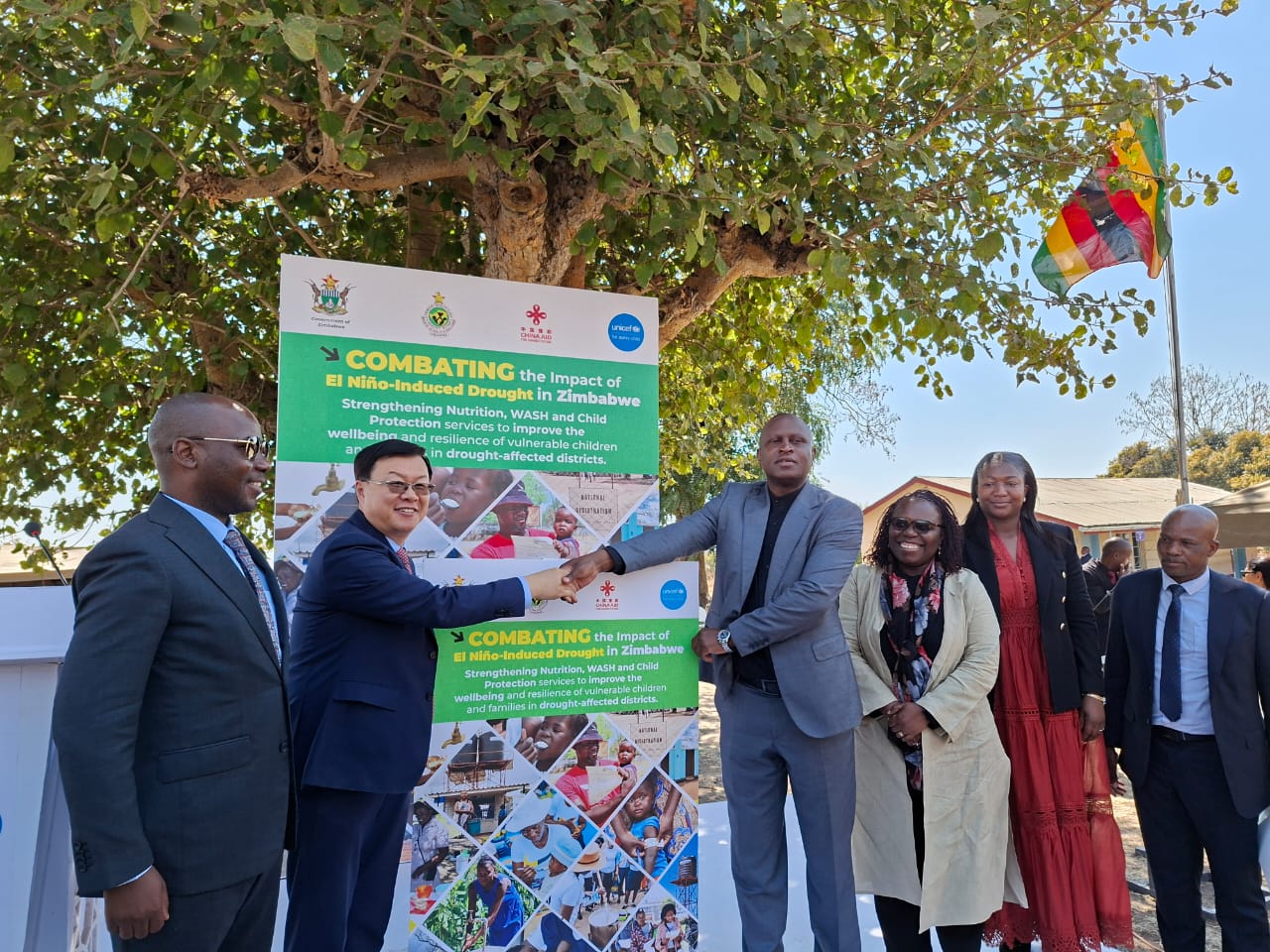 Deputy Health Minister Sleiman Kwidini with UNICEF and Chinese officials at the launch of a drought response programme in Goromonzi, Zimbabwe